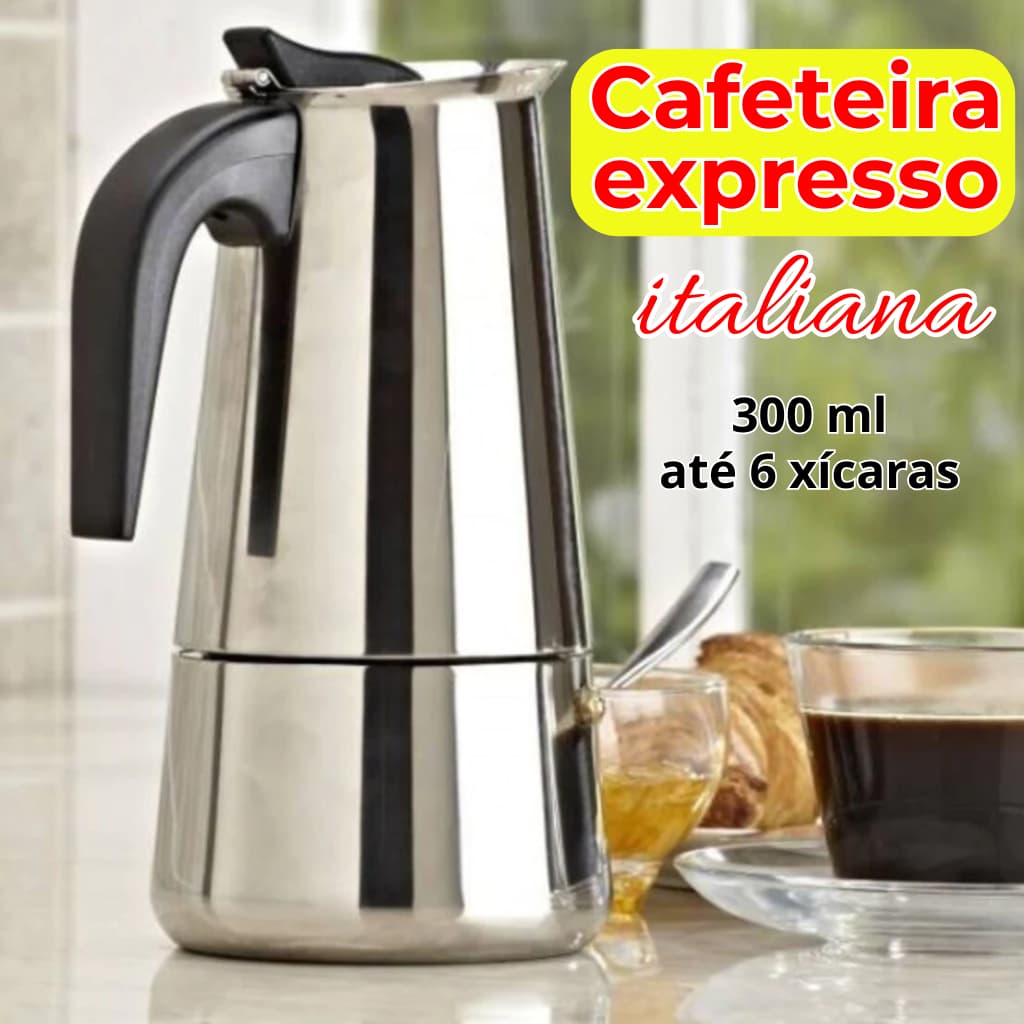 Cafeteira Italiana Moka Inox Premium 300ml 6 Xícaras Café Expresso Preparo Tradicional