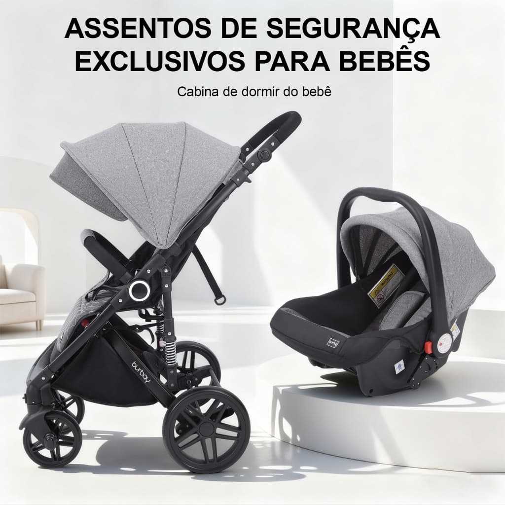 Carrinho de Bebê  Travel System 3 em 1 Alta Visão –  Bebê Conforto + Assento Reclinável + Mochila Maternidade
