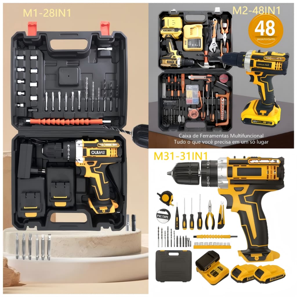 Kit 28/31/48 Parafusadeira Furadeira 48V 2 Baterias Com Maleta e Acessórios Completo