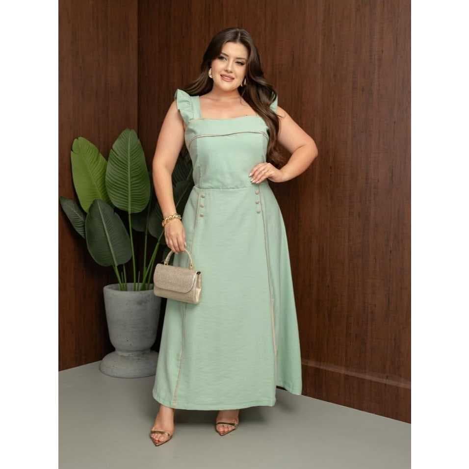 Vestido Feminino Longo Elegante Alças Largas Slim e Plus Size