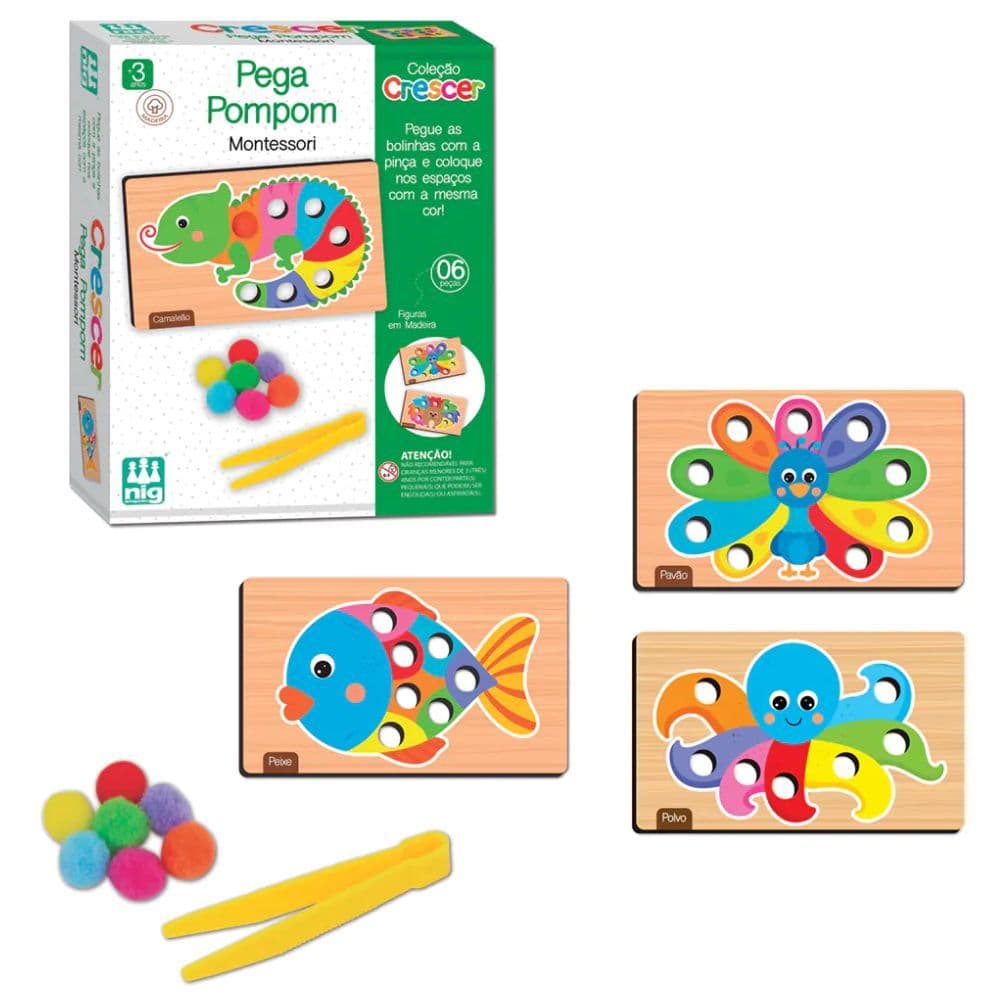 Brinquedo Educativo Pega Pompom Montessori 6 Peças Coleção Crescer Nig Brinquedos