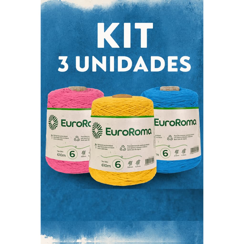 Kit 3 Unidades Barbante EuroRoma Fio N6 1kg para Crochê - ESCOLHA SUA COR