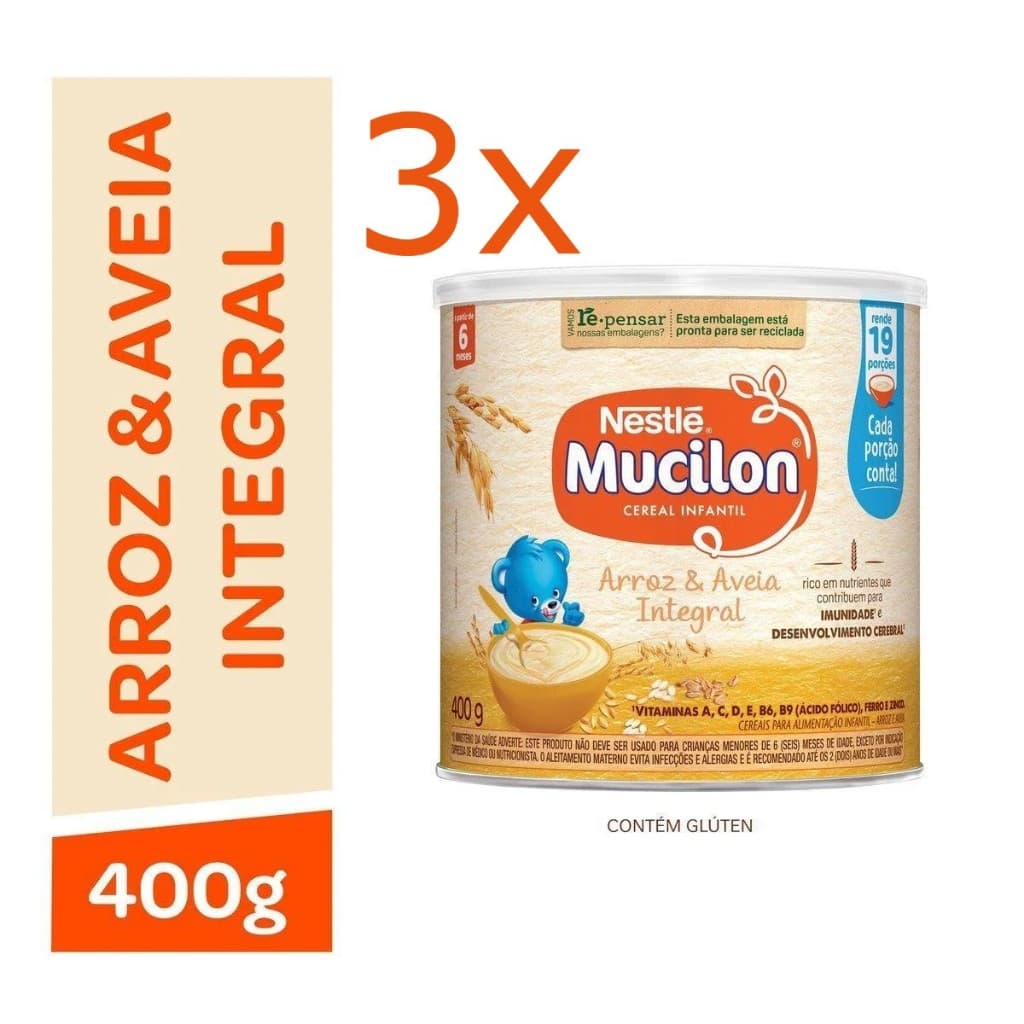 Kit com 3 Cereal Infantil Mucilon Arroz e Aveia Integral 400g cada lata