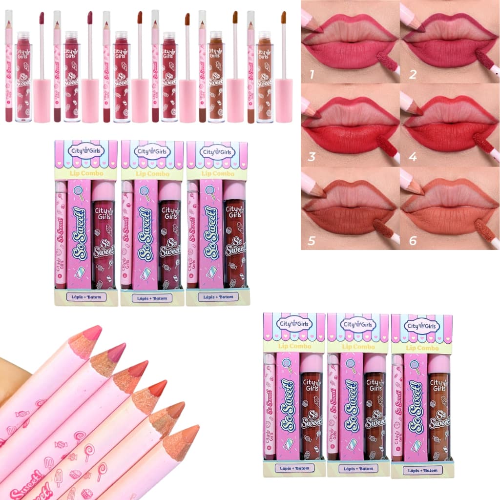Kit Batom Líquido e Lápis Contorno Lip Combo Labial Matte Rosa Nude e Vermelho City Girls