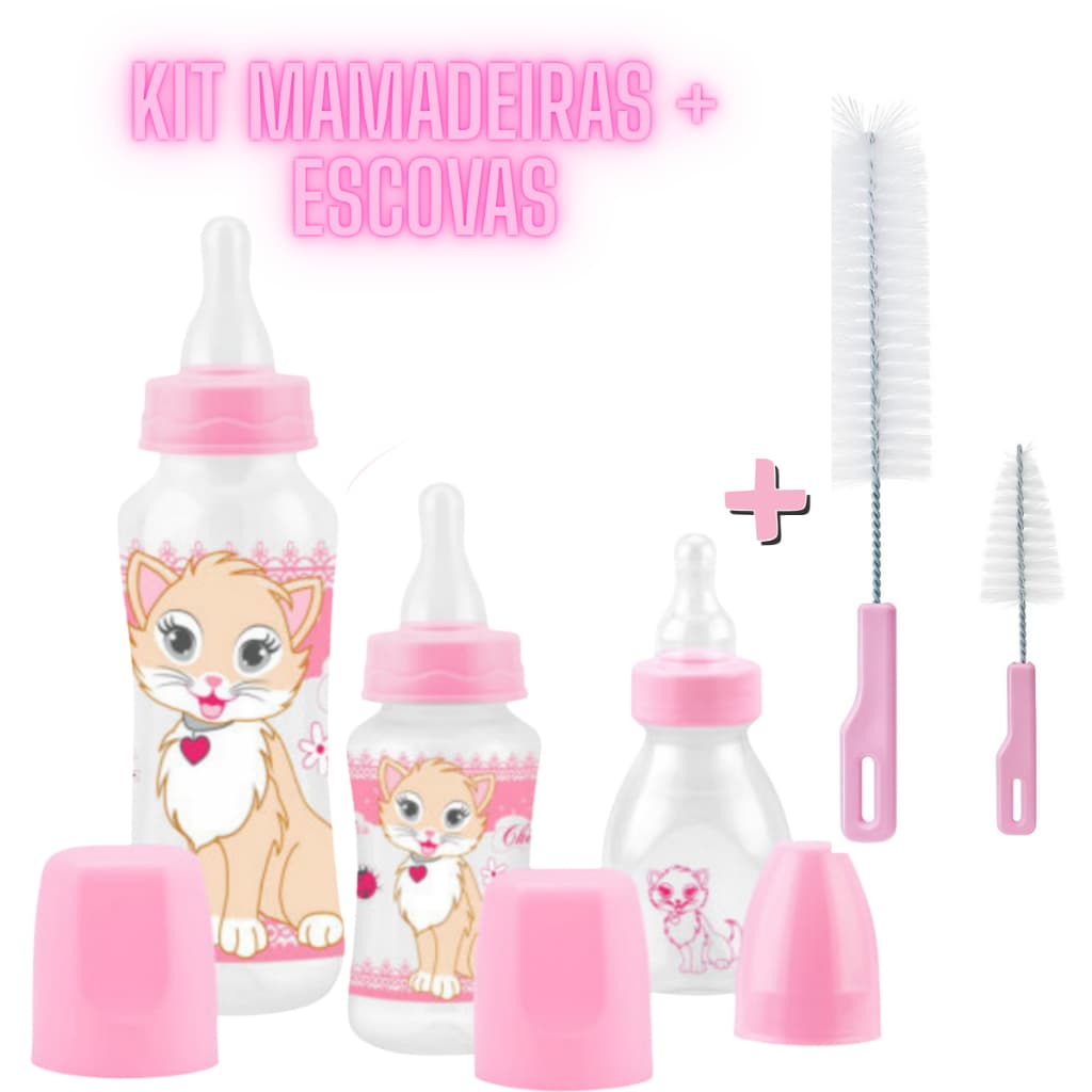 Kit 3 Mamadeiras Bico de Silicone + Escovas para Mamadeiras