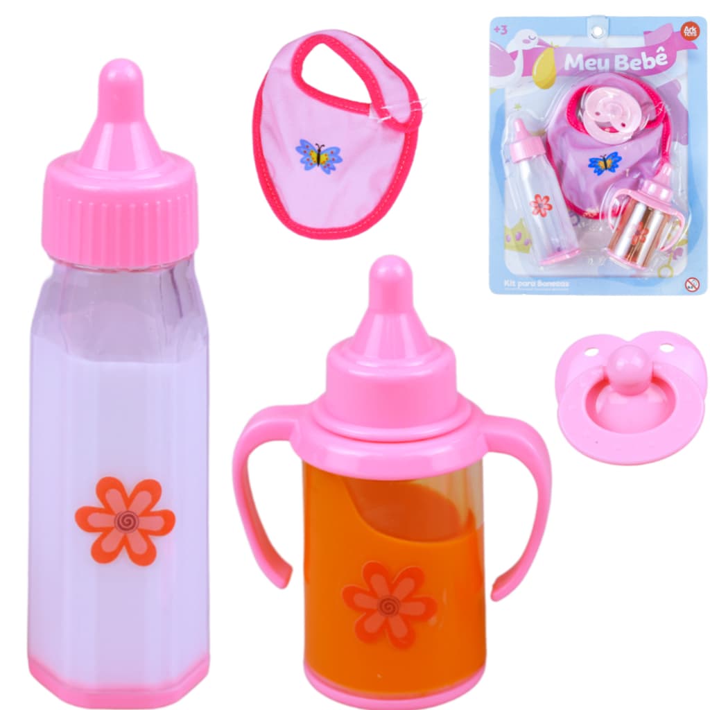 Kit Mamadeira Mágica Boneca 2 Mamadeiras Chupeta Babador Brinquedo Infantil Faz de Conta