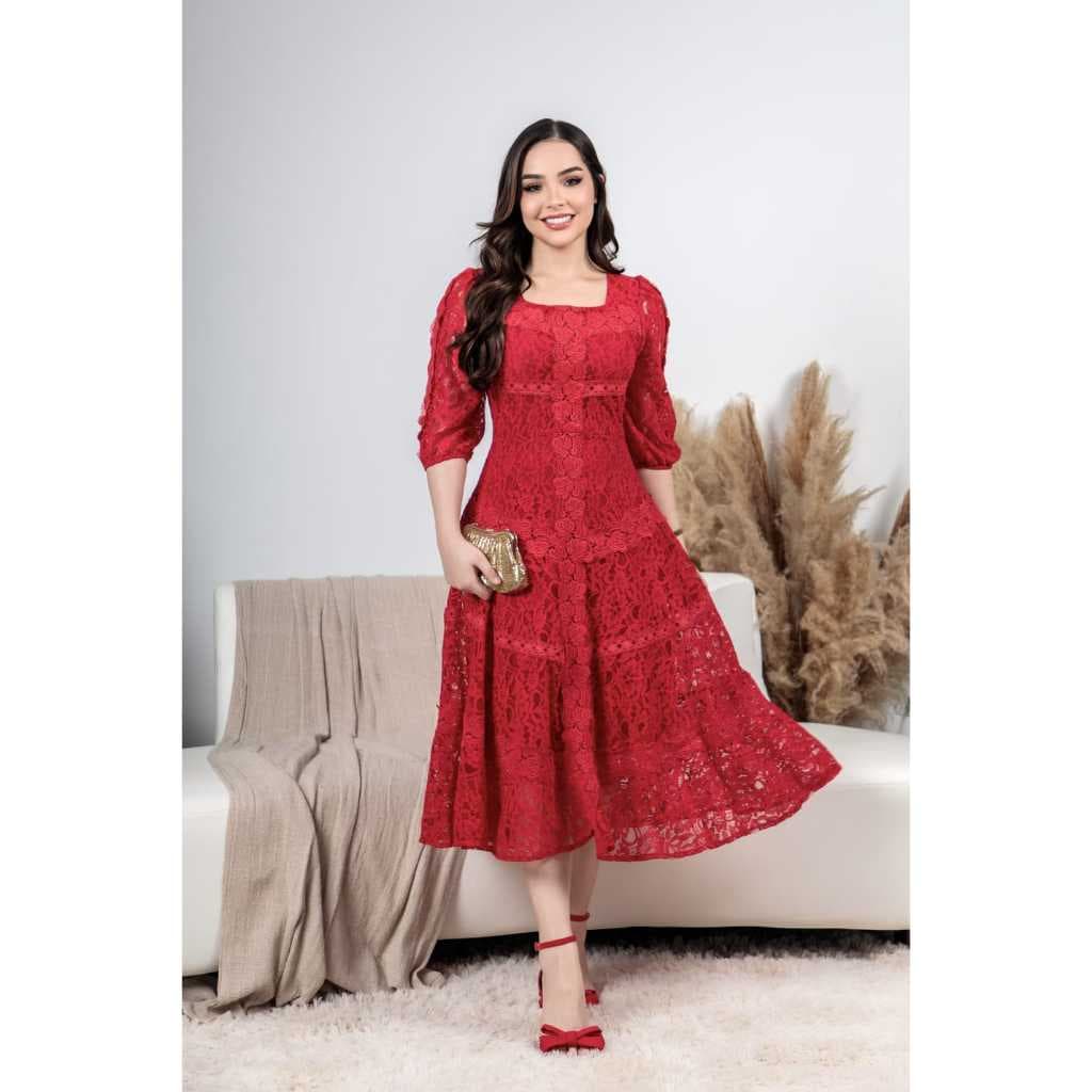 Vestido Midi Feminino em Renda | Manga 3/4 | Moda Evangélica | Vestido Social Elegante | Festa e Casamento