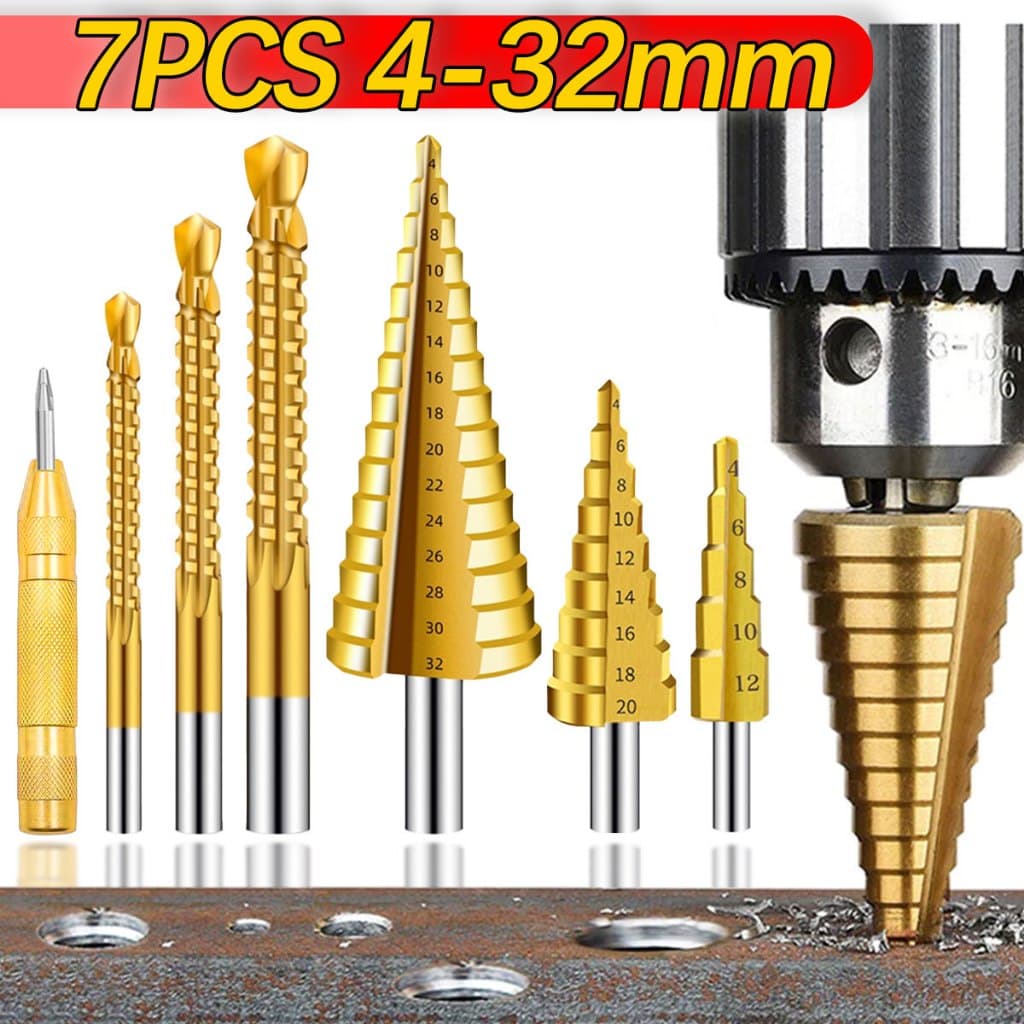 jogo 3 brocas escalonadas aço titânio 32mm multiuso corte punção marcador com estojo organizador para metal