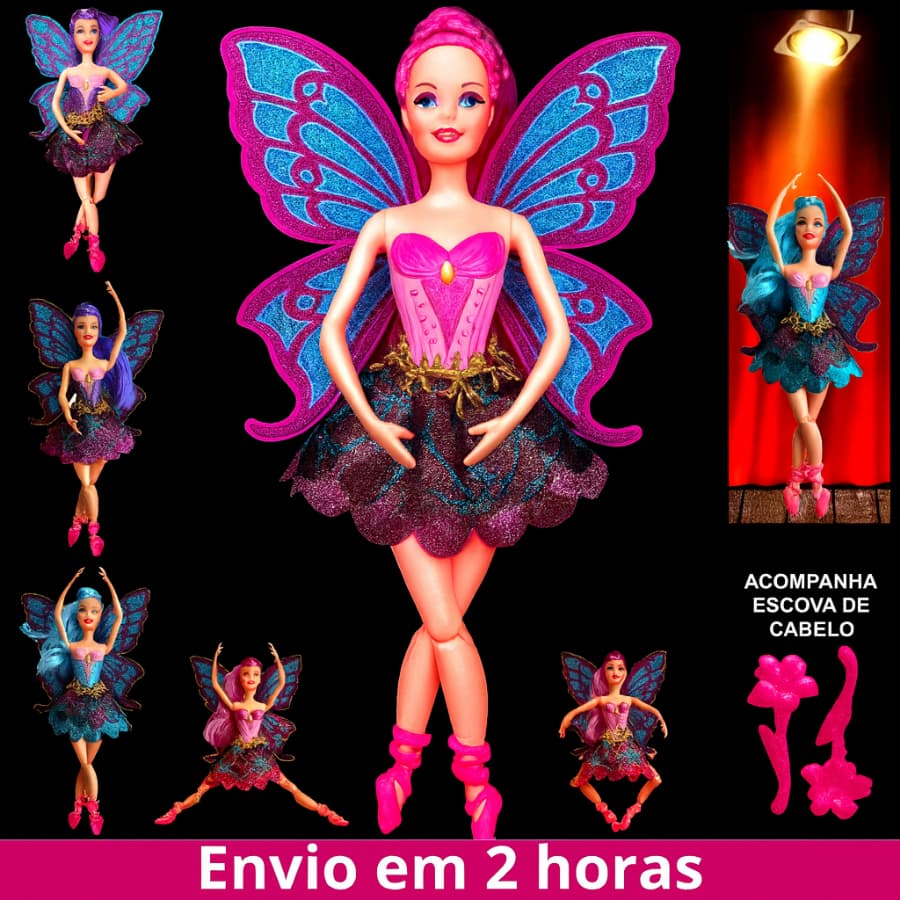 Boneca Bailarina Brinquedo Fada Infantil Menina Com Asas Ballet Articulada 30cm - Rosa - Azul - Roxa - Envio Em 2 Horas