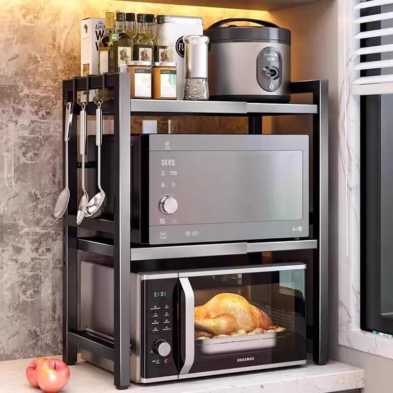 Suporte para Microondas de Parede Armario Cozinha Prateleira Retrátil para Cozinha Suporte Micro Com 6 ganchos