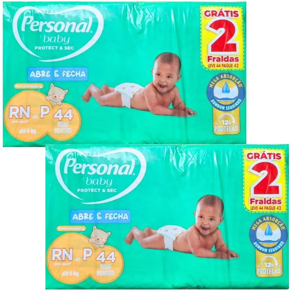 Kit 2ptes Fralda Personal Baby P até 6 Kg - 44un cada - Total 88un MEGA