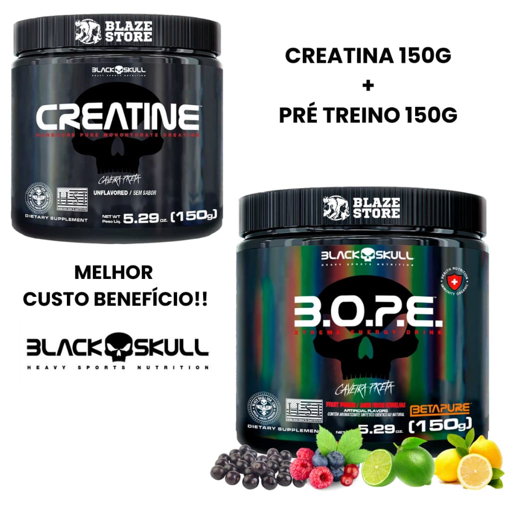 Creatina Pura 150g + Pré Treino B.O.P.E 150g Black Skull - Cafeína, Arginina, Taurina, Maltodextrina
