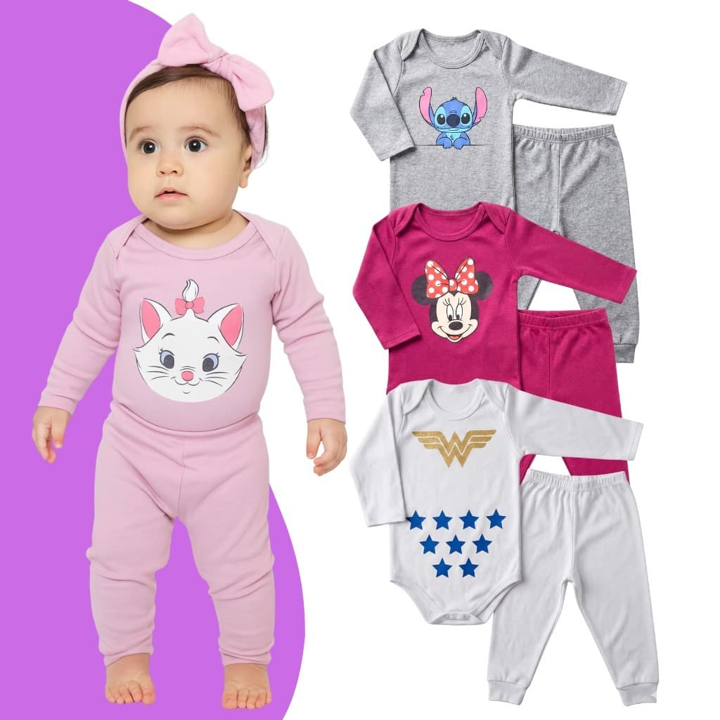 Kit 6 Peças de Roupas para Bebê Menina (3 Body Longo + 3 Calça Mijão) Kit 4 Conjunto Body + Calça Roupa Infantil Bebê