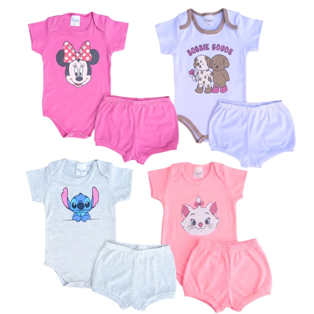 Kit 8 Peças de Roupas para Bebê Menina(4 Body curto + 4 shorts)Kit 4 Conjunto Body + Calça Roupa Infantil Bebê