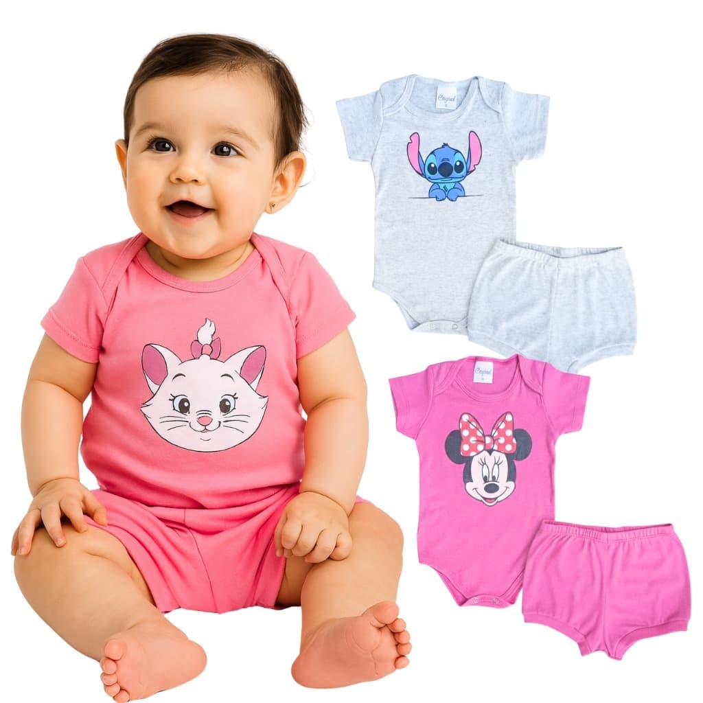 Kit 4 Peças de Roupas para Bebê Menina (2 Body manga curta + 2 shorts)Kit 2 Body Roupa Infantil Bebê