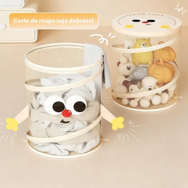 Cesto de Roupa Suja Dobrável Grande Capacidade Respirável - Organiza 1 Semana de Roupa Suja | Design Fofo para Banheiro
