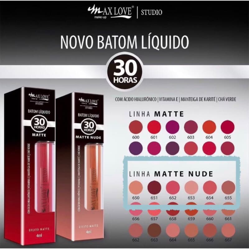 Batom Líquido Matte Nude 30 Horas 650 a 655 Max Love ou kit de batom+hidratante labial Carmed