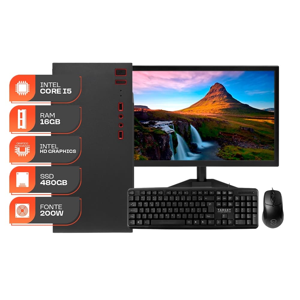 Computador Home Essential S, Intel Core i5, 16GB DE RAM, SSD 480GB, Completo com Monitor e Periféricos + Adaptador WI-FI