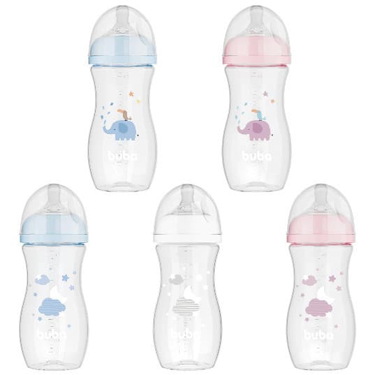 Mamadeira Anticólica Easy Flow Buba 330 ml, Nuvem ou Elefante, Bico Confortável e Sedoso