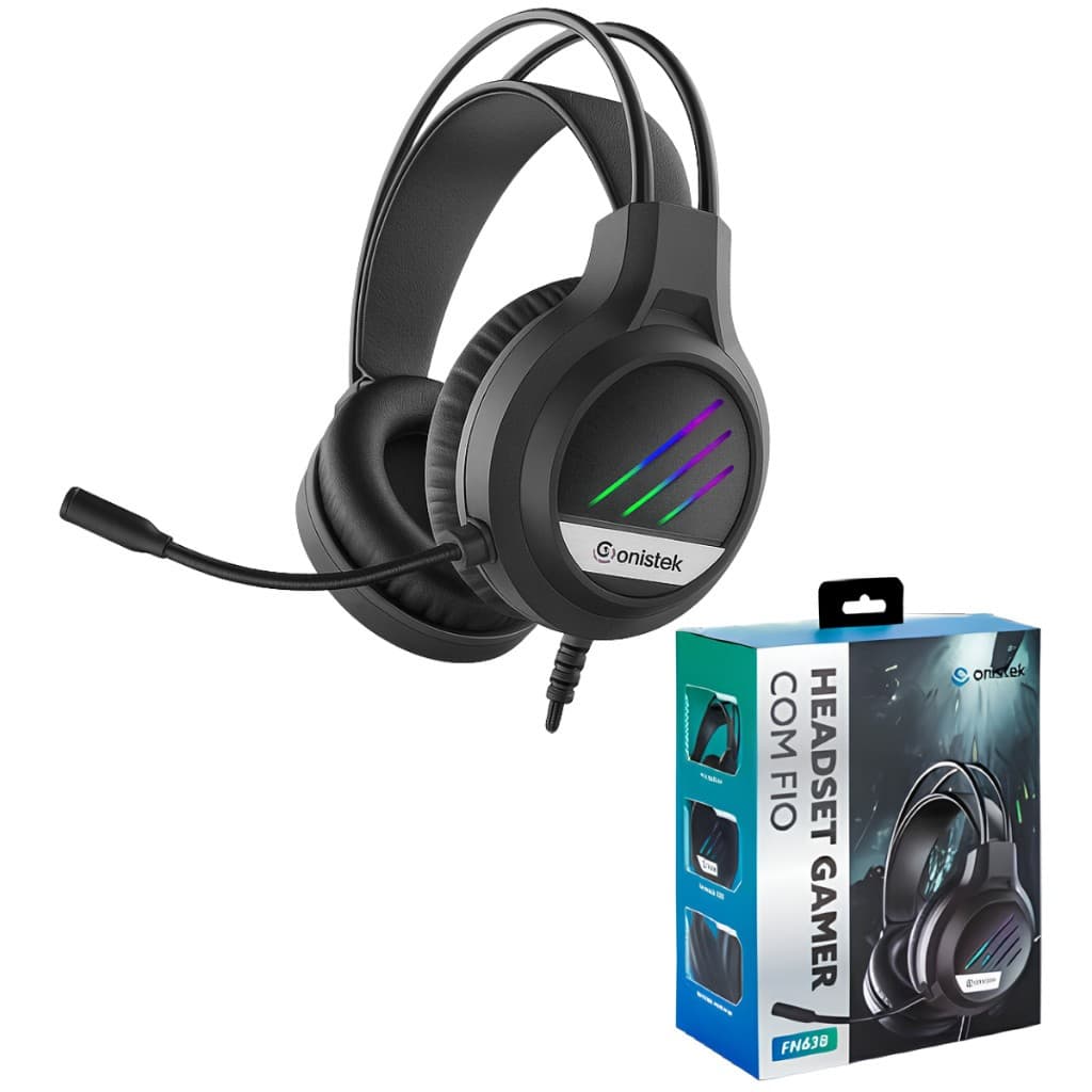 Headset Gamer Onistek FN638 com Fio, Microfone Ajustável, RGB, Confortável para PC, PS4, PS5, Xbox e Notebook
