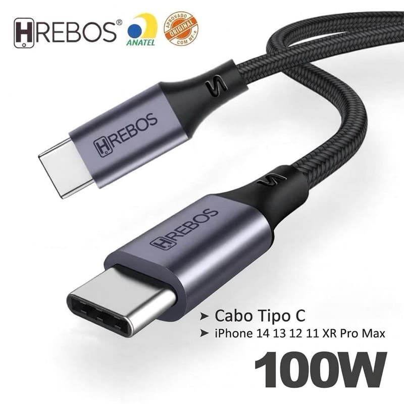 Cabo Turbo Type-C para Type-C Midnight Hrebos CB-362C – Super Reforçado, Tecido Trançado, Carrega Rápido
