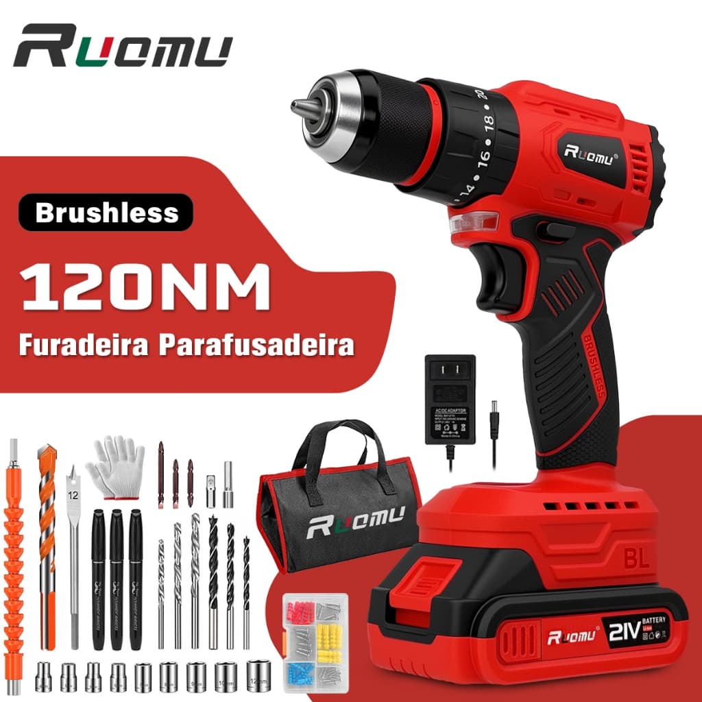 Furadeira Parafusadeira Elétrica Profissional Sem Fio Com 2 Baterias Brushless