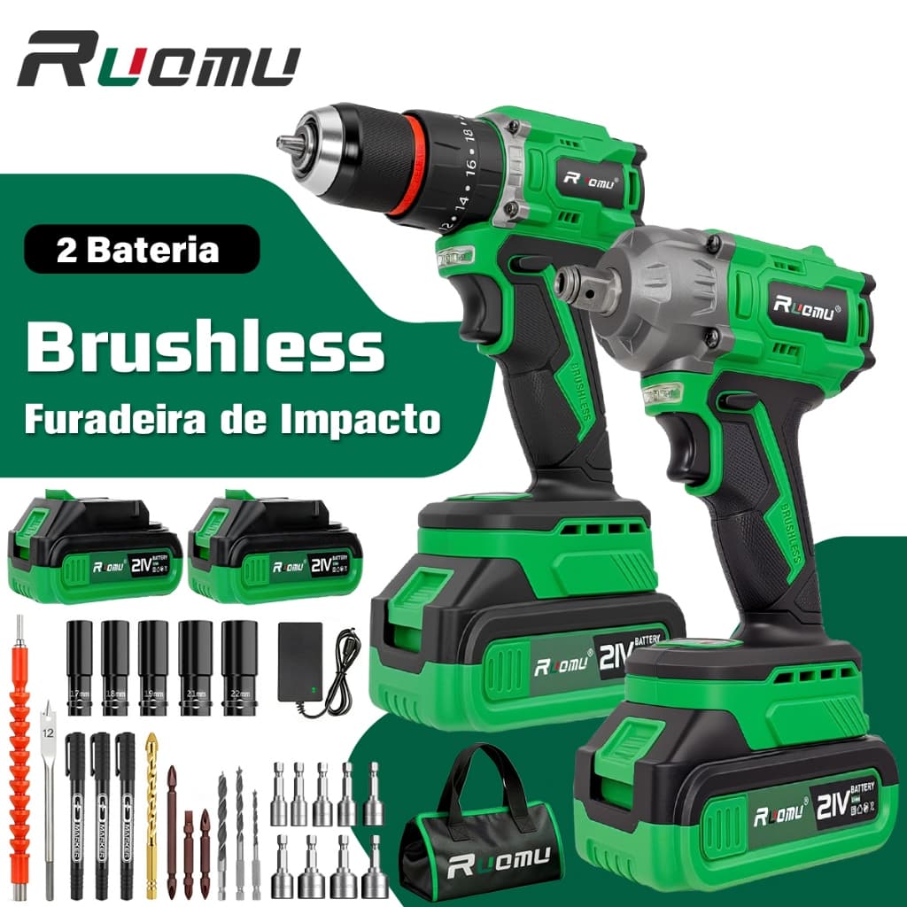 Kit 2 Furadeira Parafusadeira Chave De Impacto Profissional Sem Fio Com 2 Baterias Acessórios Completo Brushless
