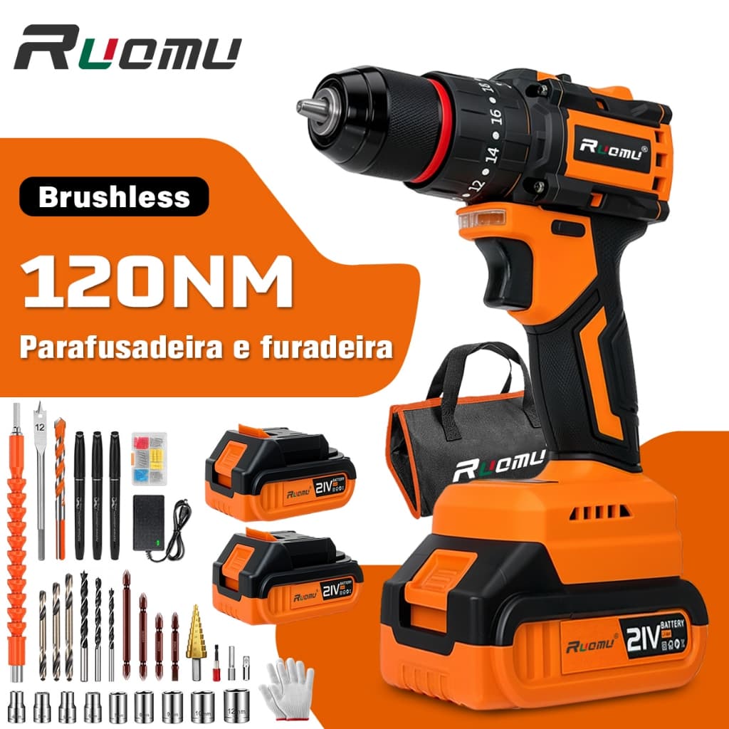 Furadeira Parafusadeira 21V Brushless Com 2 Baterias Acessórios Completo