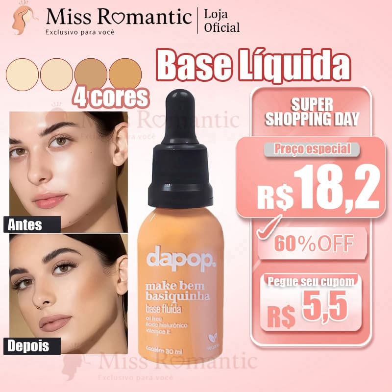 Base Líquida Dapop – Alta Cobertura, Efeito Matte, Longa Duração e Textura Leve