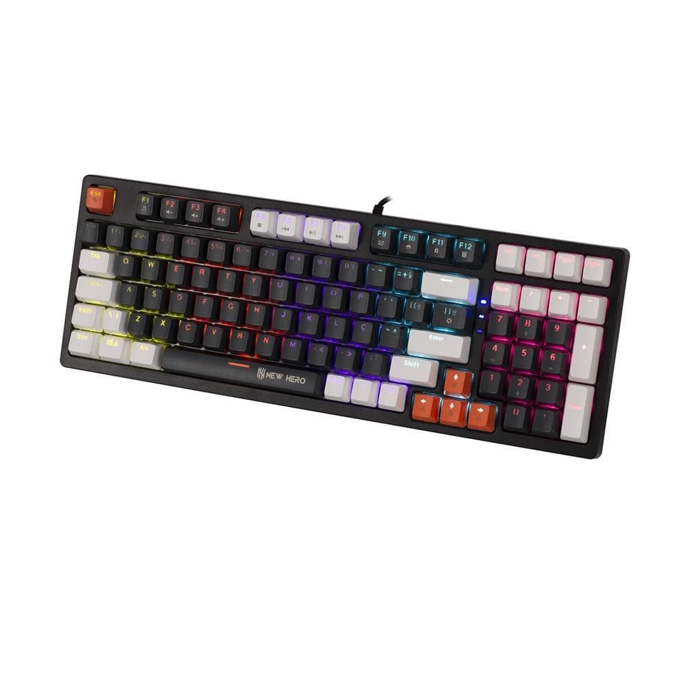 Teclado Mecânico Gamer New Hero Arkana, Rainbow, Switch Blue, ABNT, USB, Preto, branco e laranja