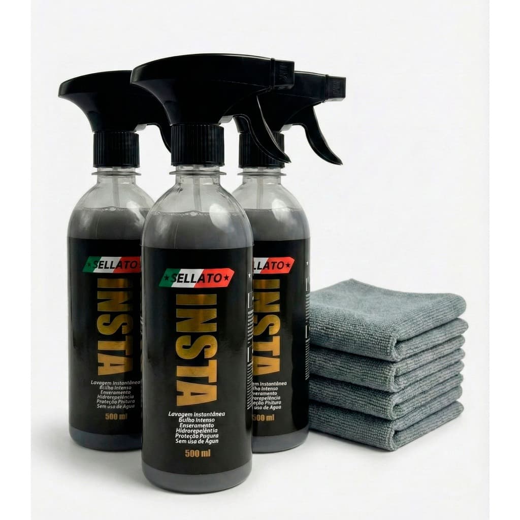 KIT 3 Sellato Insta Lavagem Instantânea Seco Veicular Moto Carro Proteção Cera Mascarador Brilho Intenso + 6 Panos