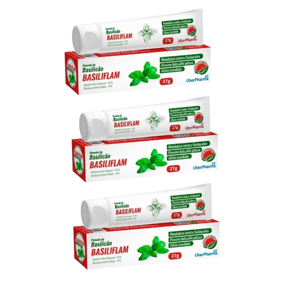 Kit 3 Pomada de Basilicão Basiliflam Tratamento prático para furúnculos e inflamações da pele 27g - Uberpharma