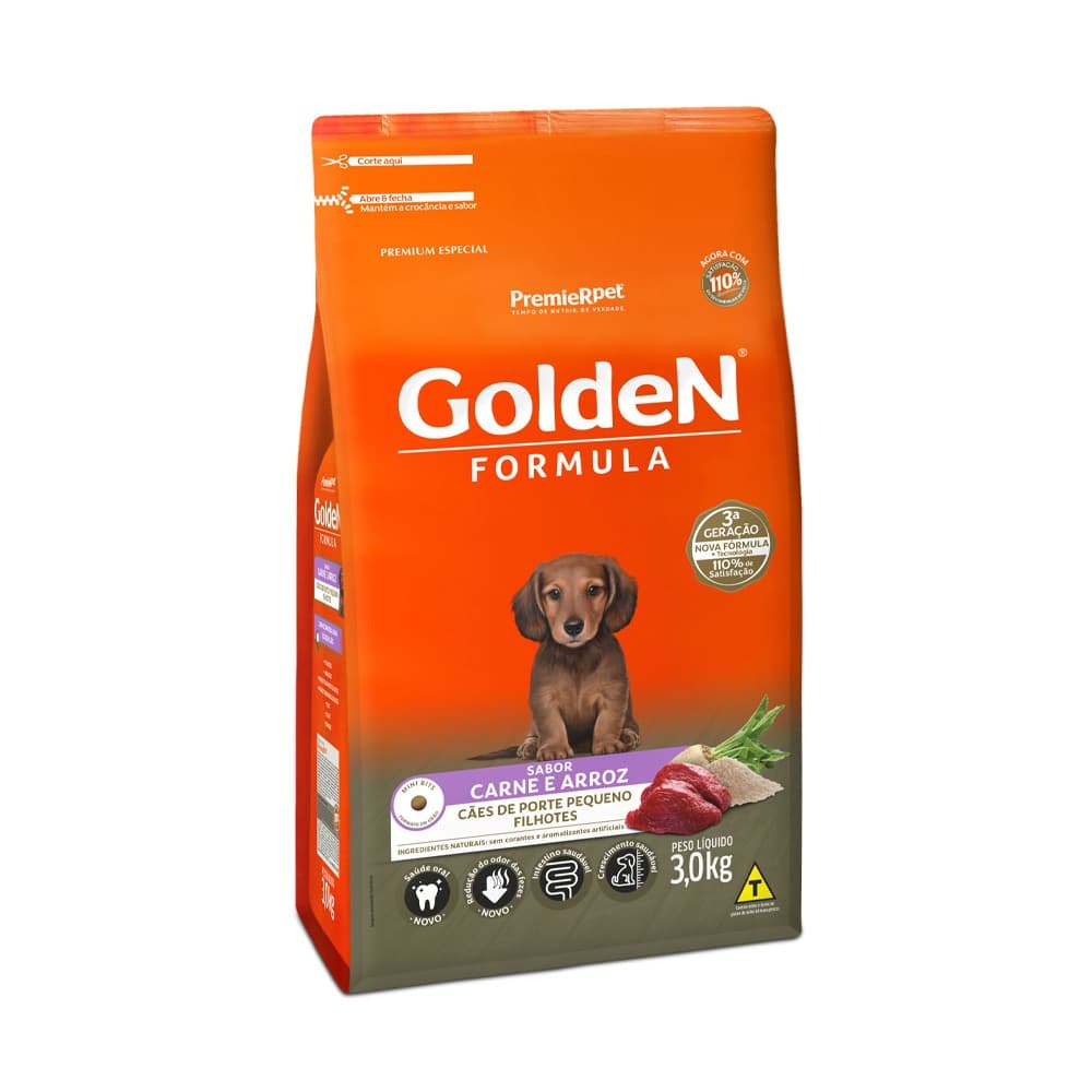 Ração pra Cães Filhotes Raças Pequenas Fórmula sabor Carne e Arroz Mini Bits 3kg Golden