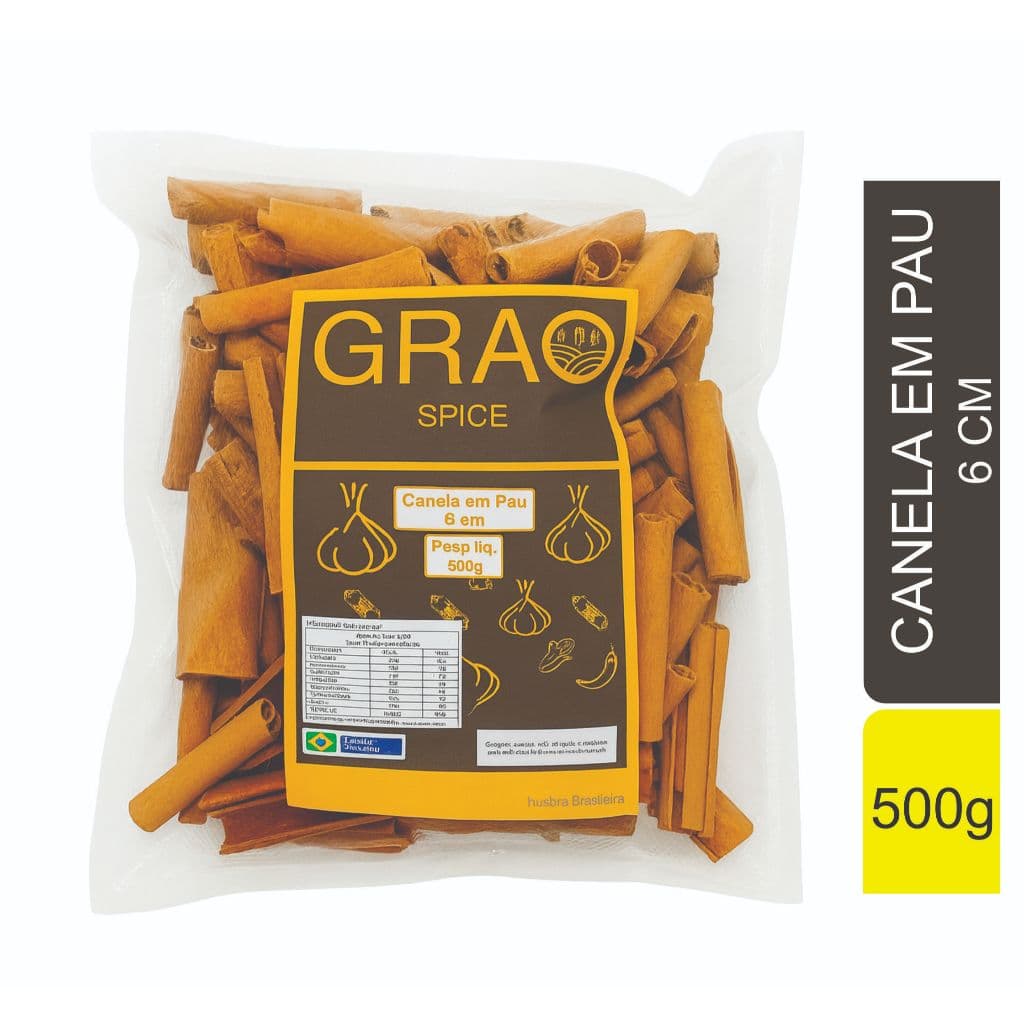 Canela em Pau Premium Grão Spice 500g — 100% Pura, Corte 6cm Selecionado, Aroma Intenso, Ideal para Chá doces cafe expre