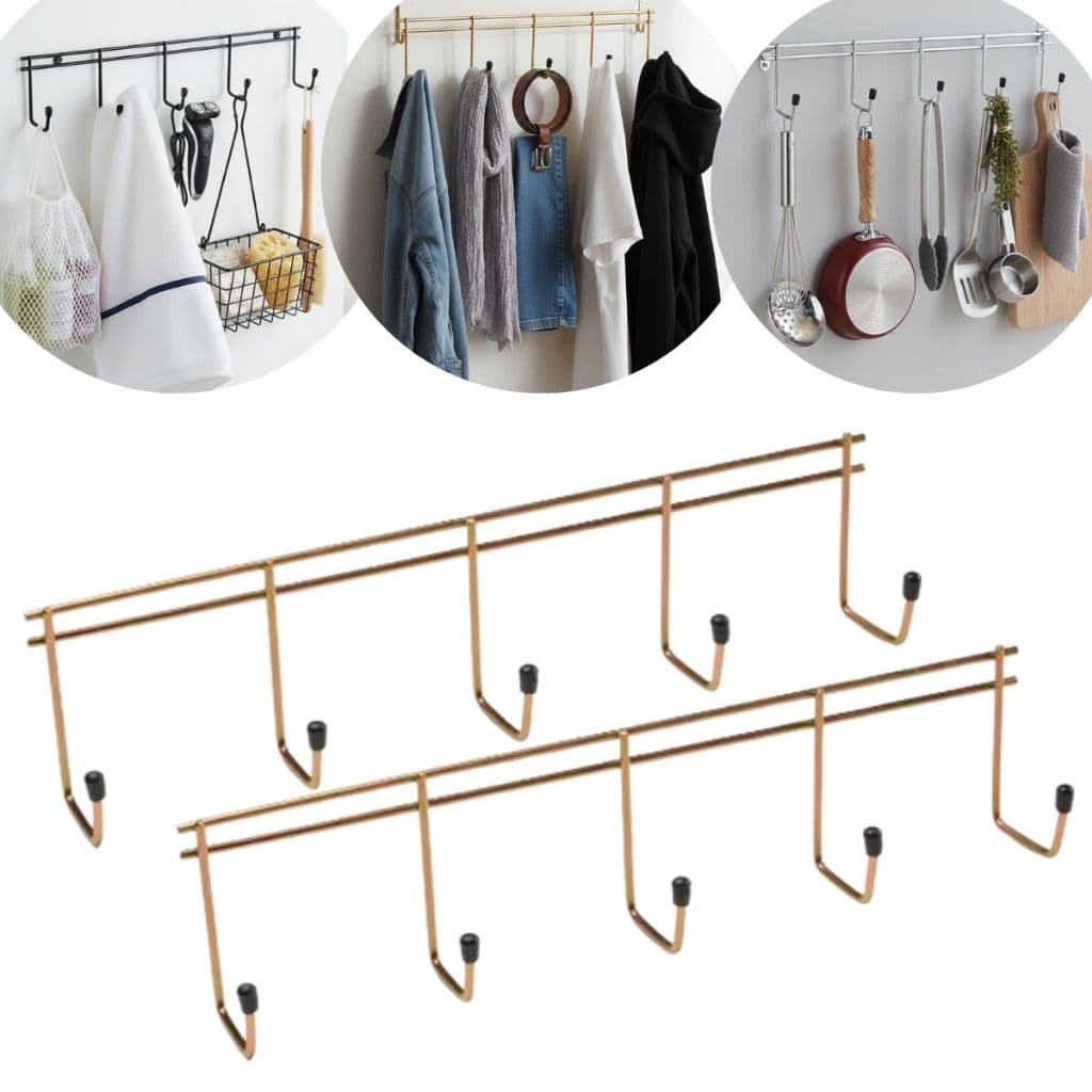 Kit 2 Cabideiro Metal com 5 Ganchos Multiuso p/ Pendurar Roupas Acessórios Utensílios Cozinha Lavanderia Banheiro