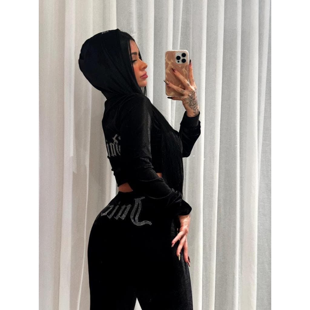 Conjunto Juicy 2 peças Veludo Plush Feminino Calça Moletom Frio Inverno Estilo Moda Gringa