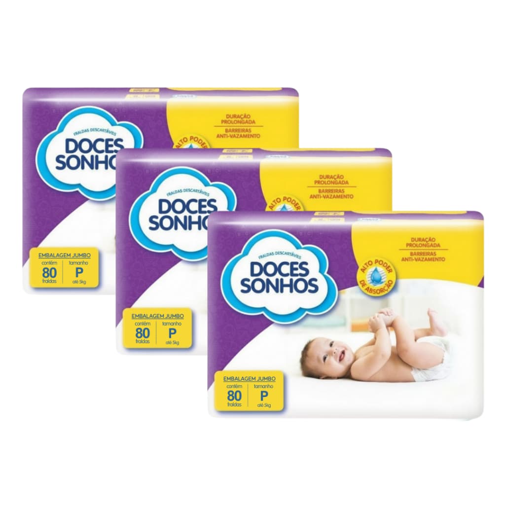 Kit com 3 Pacotes Fralda Descartável Infantil Doces Sonhos Supersec Fita Diurna