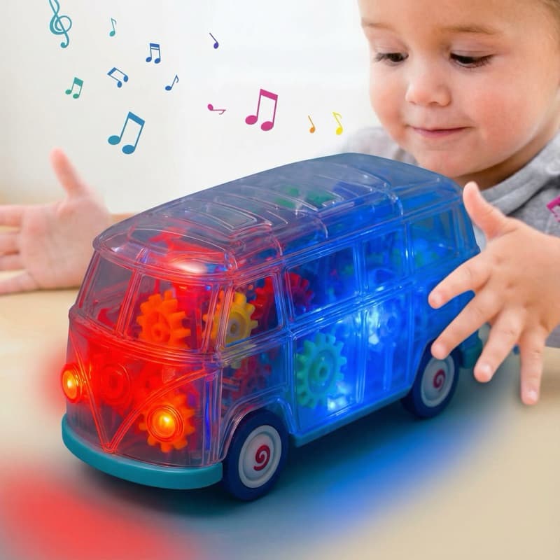 Ônibus Educativo Transparente com Luzes e Engrenagens Coloridas – Brinquedo Interativo Infantil Educativo