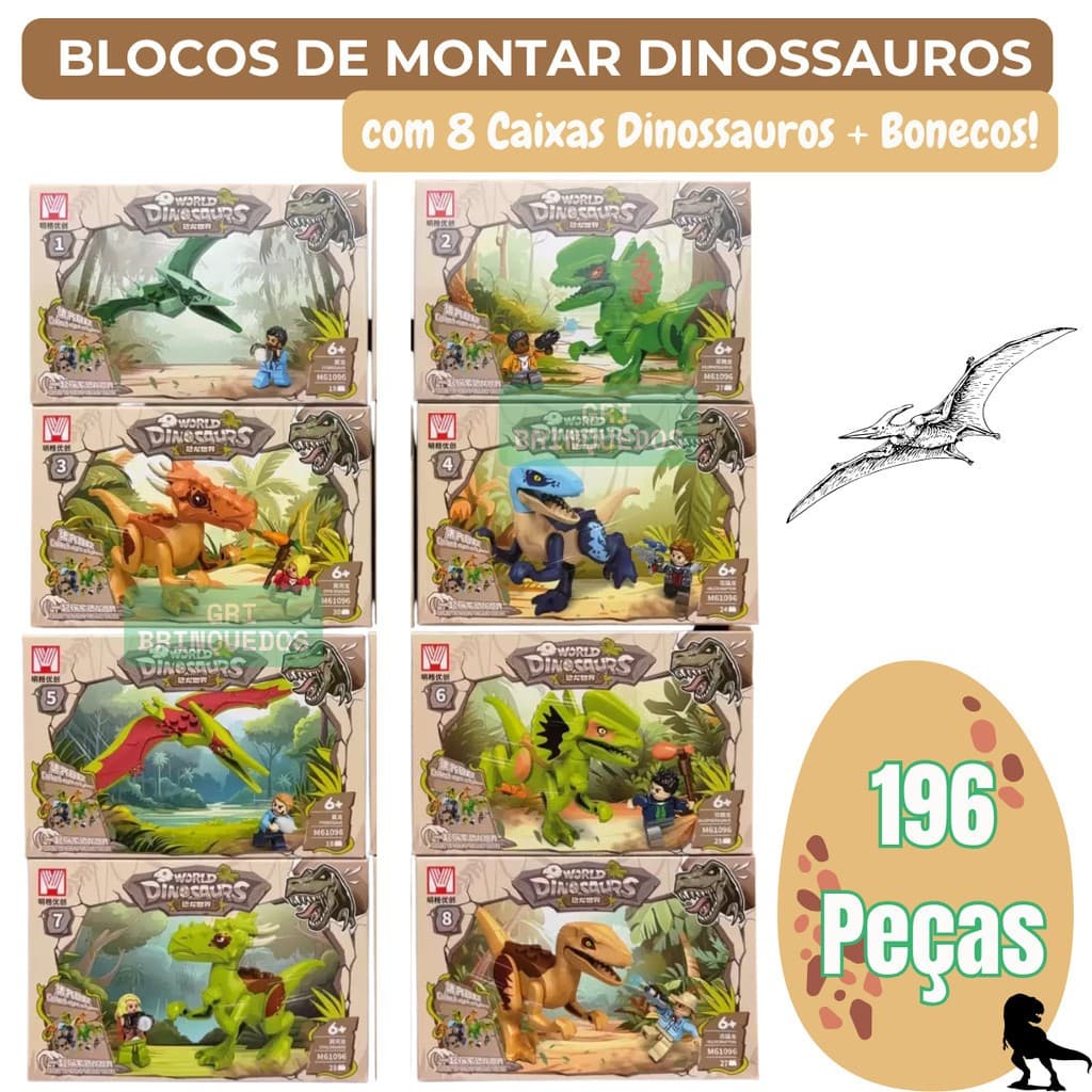 Blocos de Montar Kit com 8 Dinossauros Compatível com Lego Minifigures Jurassic World
