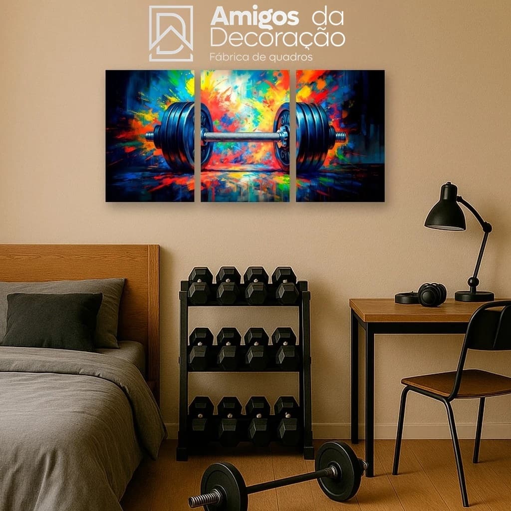 Kit 3 Peças Quadro Mosaico Academia Fitness Musculação Motivacional Decoração Parede Gym Sala Treino MDF Alta Qualidade