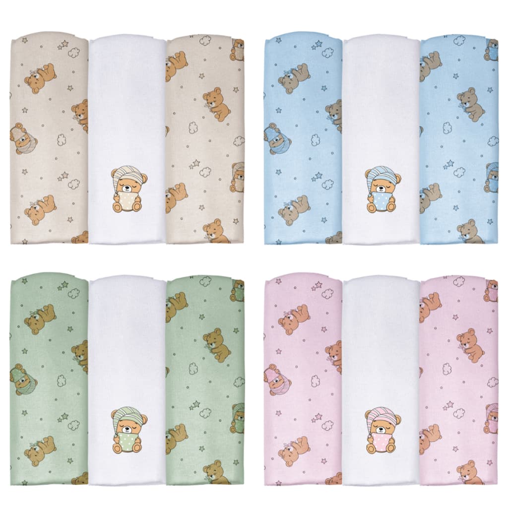 KIT 3 CUEIRO FLANELADO 50x80cm URSINHO ROSA AZUL BEGE VERDE KIT ENXOVAL DE BEBE MATERNIDADE CUEIROS