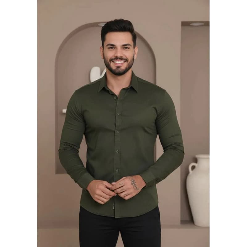 Camisa Social Masculina Manga Longa Slim Fit Algodao e Elatano Promoção