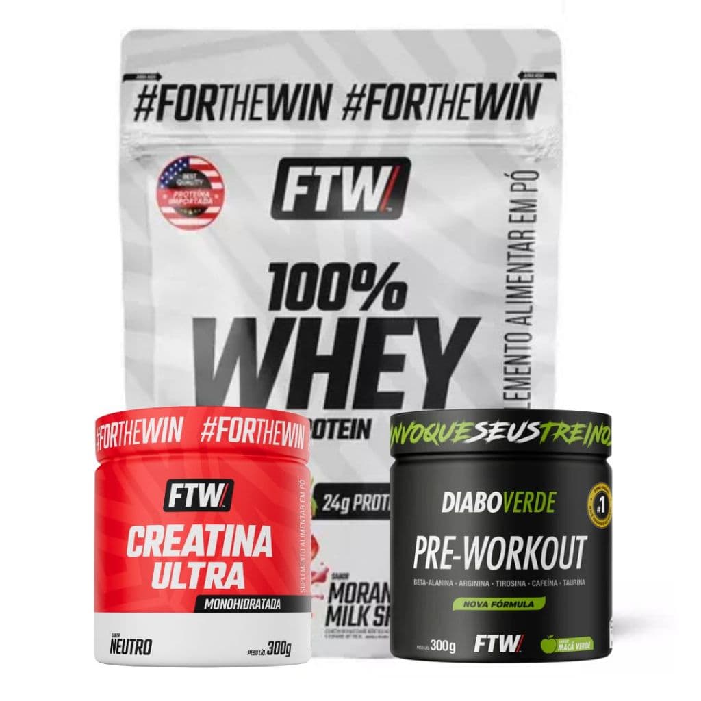 Kit FTW Whey 100% Refil 1kg + Creatina Ultra Pote 300g + Pré-Treino Diabo Verde Pote 300g sabor Maçã Verde