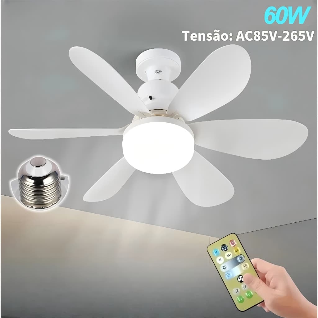 Ventilador de Teto 60W LED Lâmpada Controle Remoto Luminária Economica de Energia 6 lâminas Bivolt