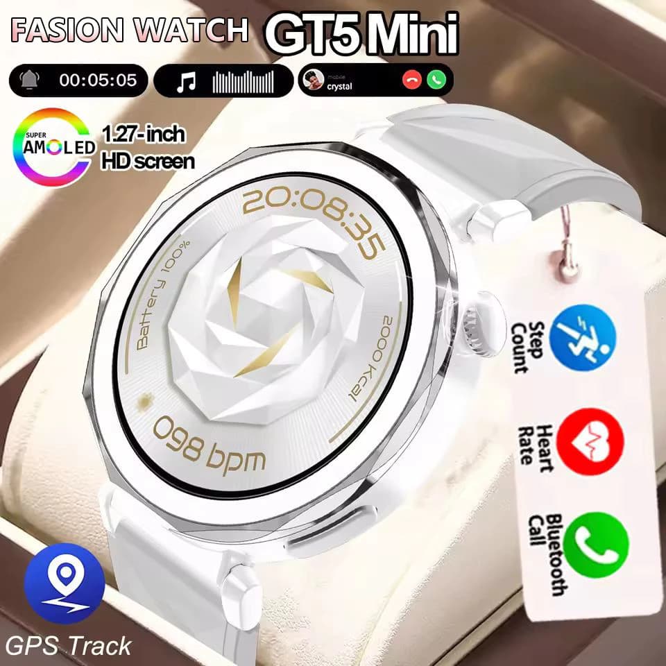 2026 GT5 Mini Smartwatch Relógio Feminino AMOLED Tela HDBluetooth Chamada NFC GPS