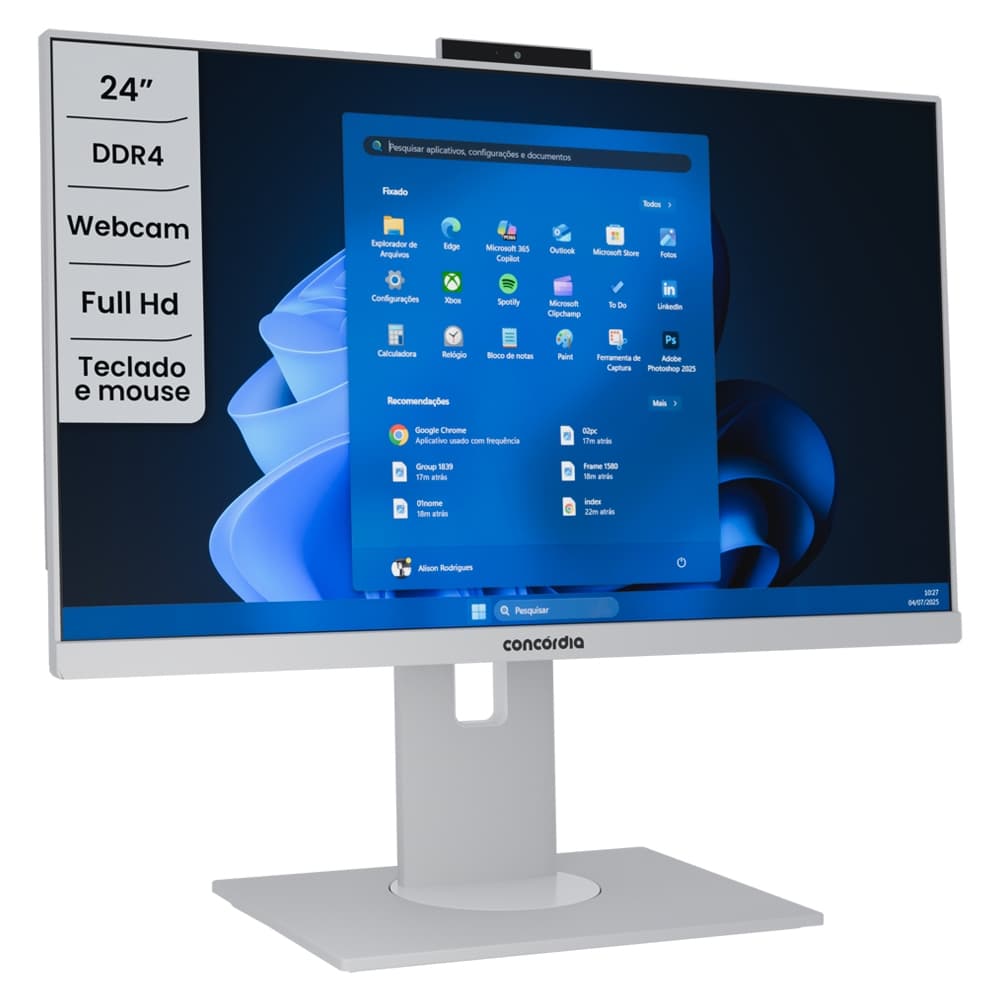 Computador All In One Concórdia Core i7 10700 8GB DDR4 SSD 512GB 23.8'' Full HD Webcam WiFi Branco