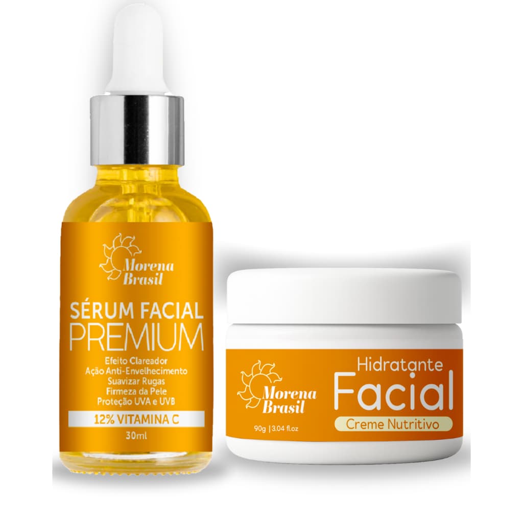 Kit Skin Care Pré Maquiagem – Sérum Facial Vitamina C + Creme Facial - Reduz Linhas Finas & Rugas