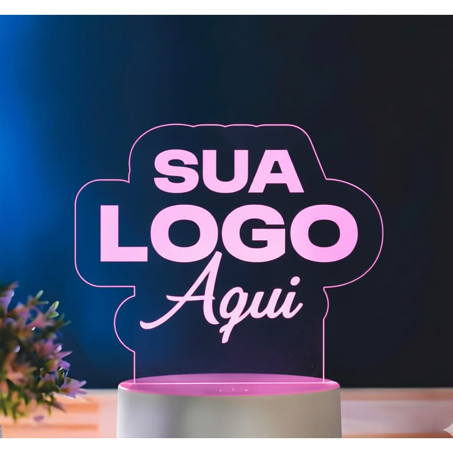 Luminária LED em Acrílico Sua Logo aqui Formato Logo Base RGB 7 Cores Decoração Branding Marca Empresa
