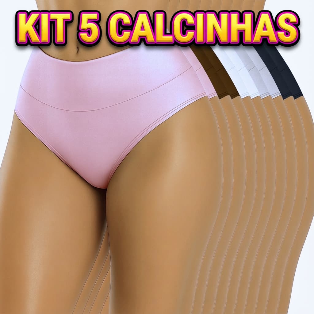 KIT 5 Calcinha Cós Alto Feminina Modeladora Cós Duplo Zero Barriga Microfibra Confortável Power Fitness Pós Parto