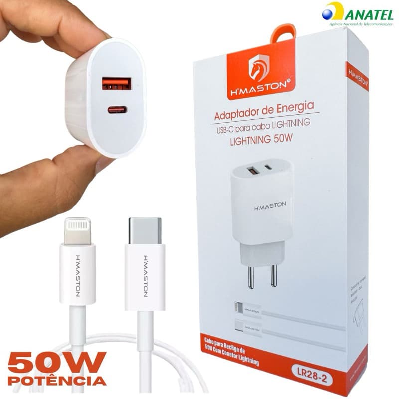 Carregador Turbo 50W H'Maston Original Entrada Dupla  USB + USB-C iPhone Android  Fonte Rápida  LR28